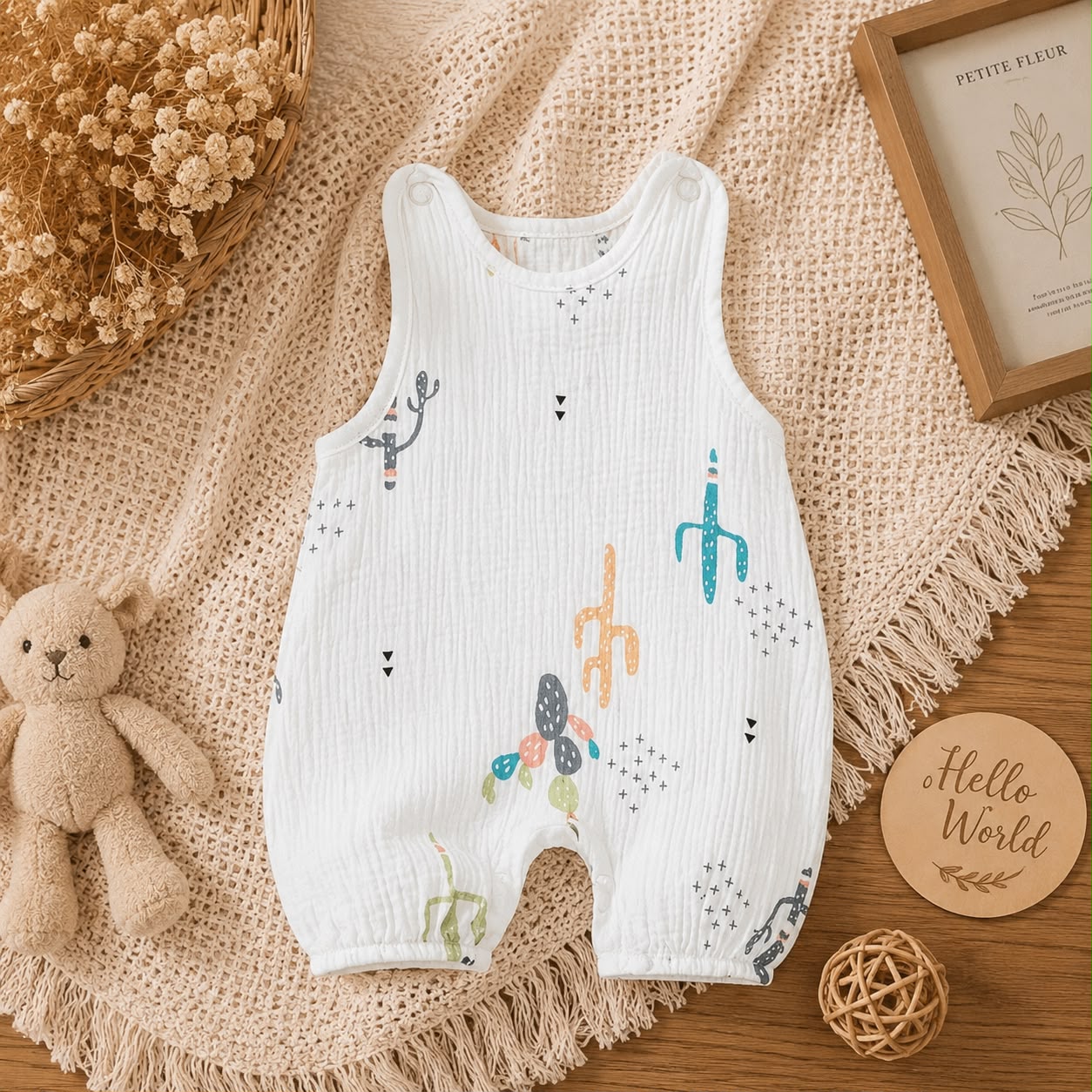 Summer Baby Muslin Cactus Print Sleeveless Romper – Soft Breathable Ou – Me and Maa Cuddles