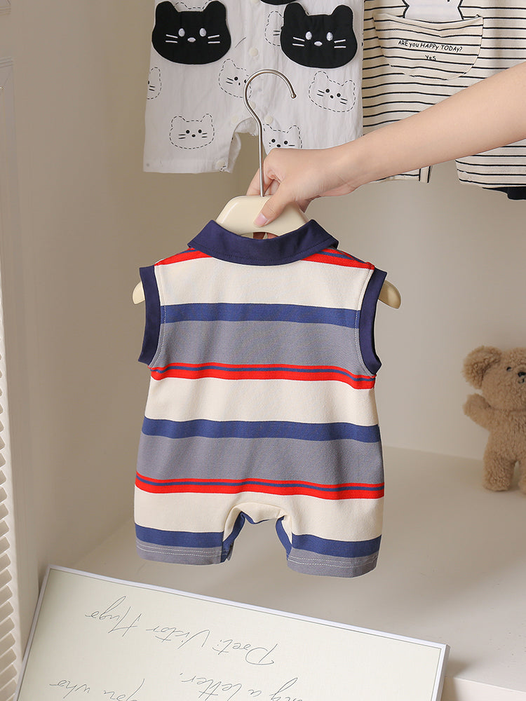 Striped Polo Sleeveless Baby Romper – Cotton Blend