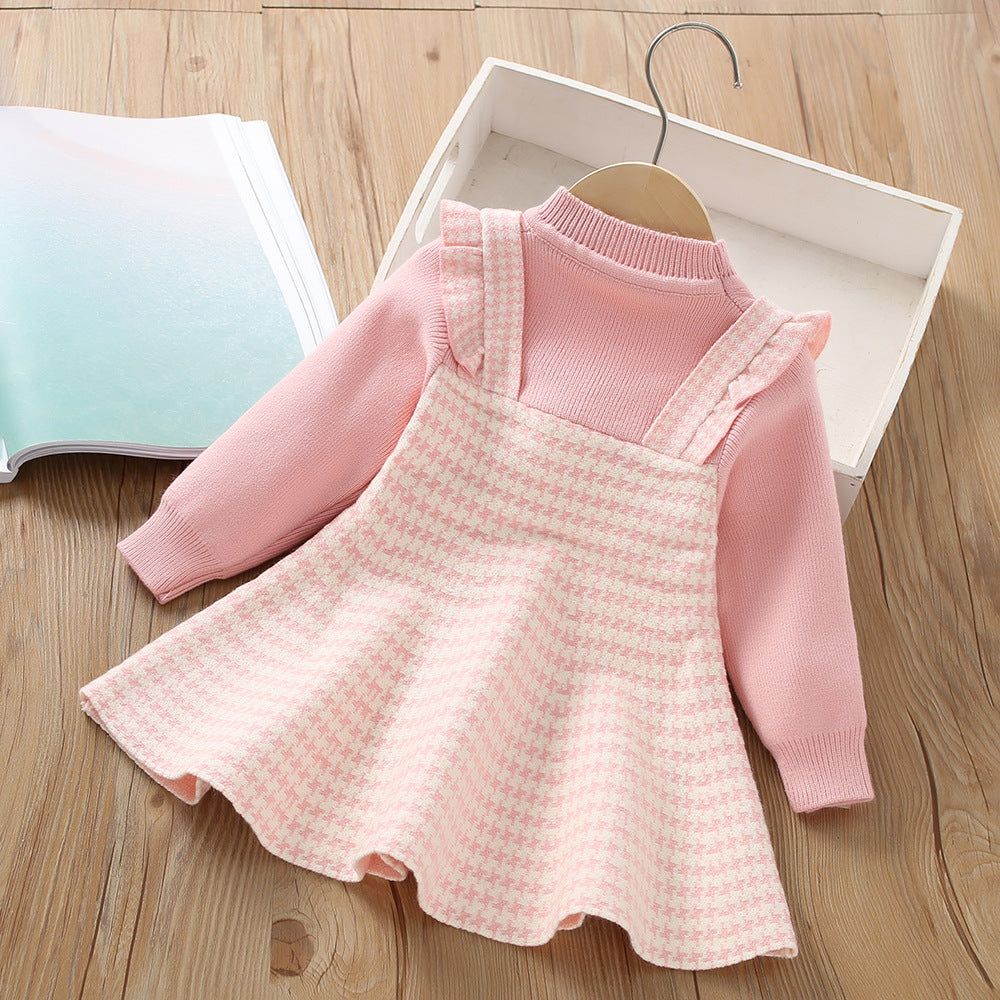 Pink Knitted One-Piece Dress with Teddy Bear Applique