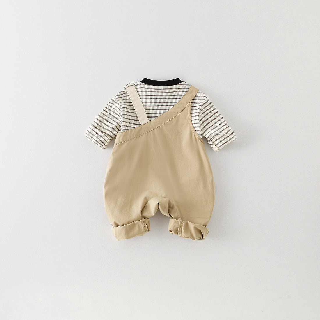Beige Bear Paw Baby Romper Set with Striped Top