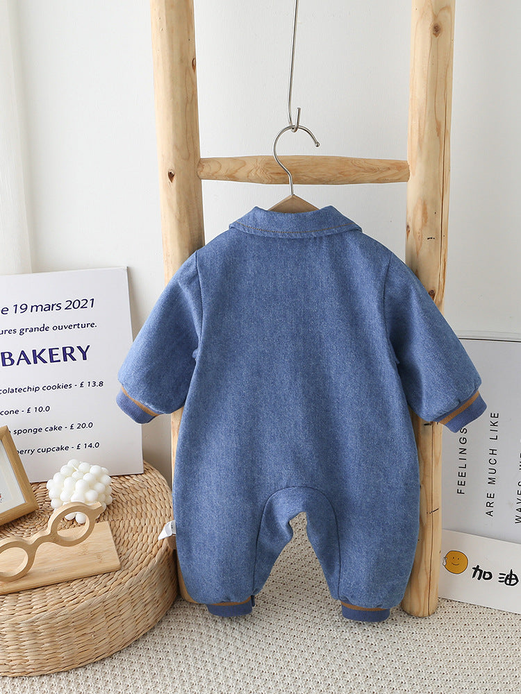 Bear Design Denim-Style Baby Romper with Ears &amp; Tail