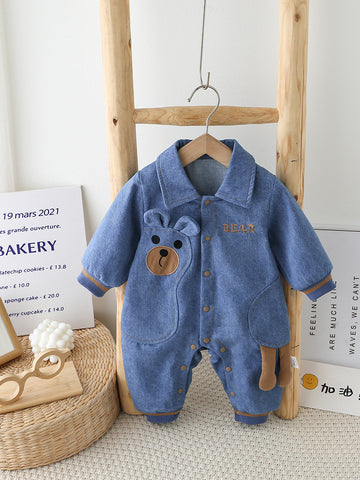 Bear Design Denim-Style Baby Romper with Ears &amp; Tail
