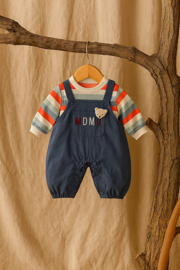 Navy Blue Dungaree Baby Romper with Bear Detail