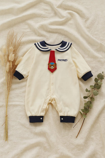 Sailor Bear Tie Baby Romper – 100% Cotton
