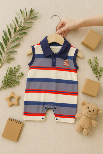 Striped Polo Sleeveless Baby Romper – Cotton Blend