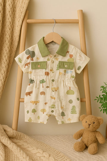 Safari Print Baby Romper with Collar