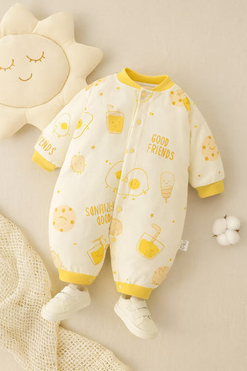 100% Cotton Baby Romper – Yellow Printed Long Sleeve Jumpsuit