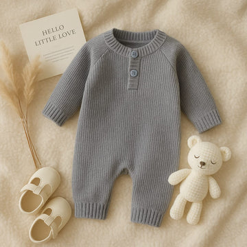 Knitted Baby Romper – Grey Long Sleeve Jumpsuit with Buttons