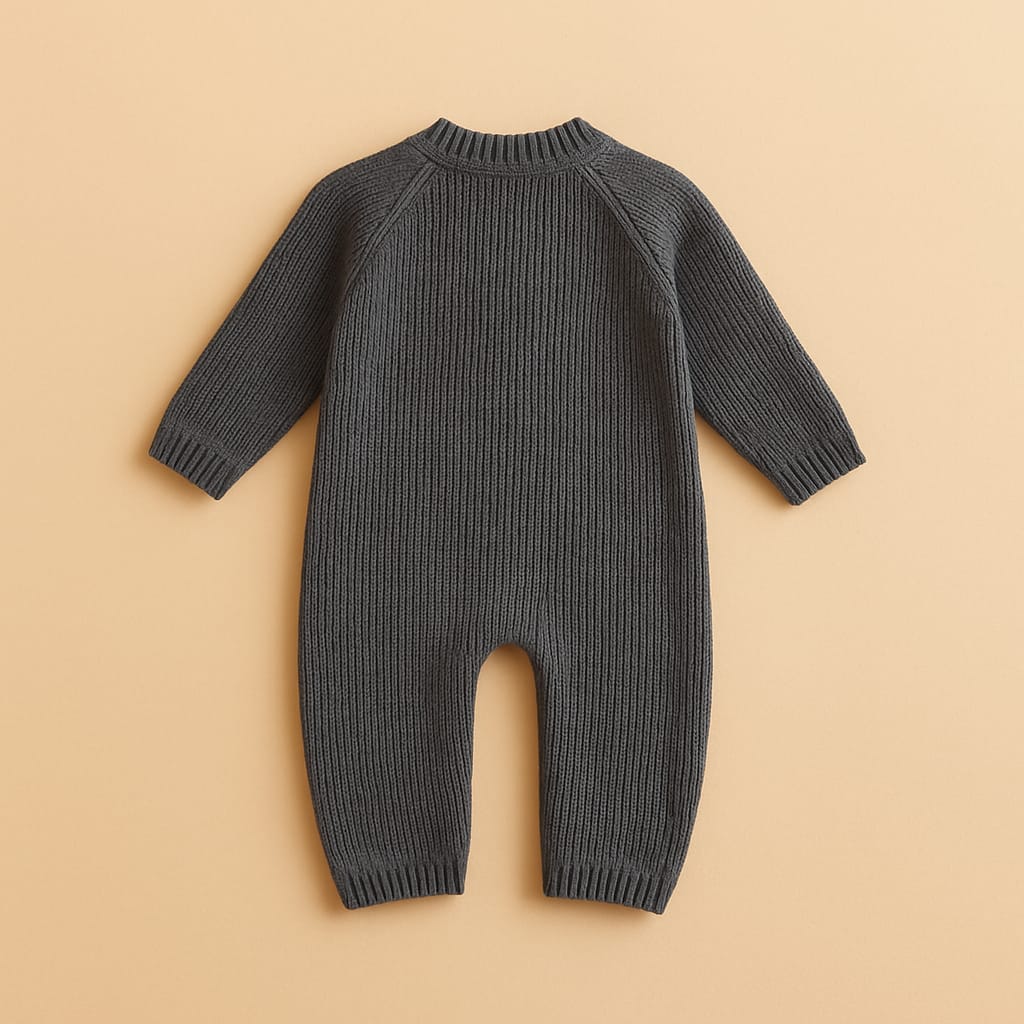 Knitted Baby Romper – Grey Long Sleeve Jumpsuit with Buttons