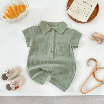 100% Cotton Baby Romper – Green Collared Short Sleeve Jumpsuit with Buttons