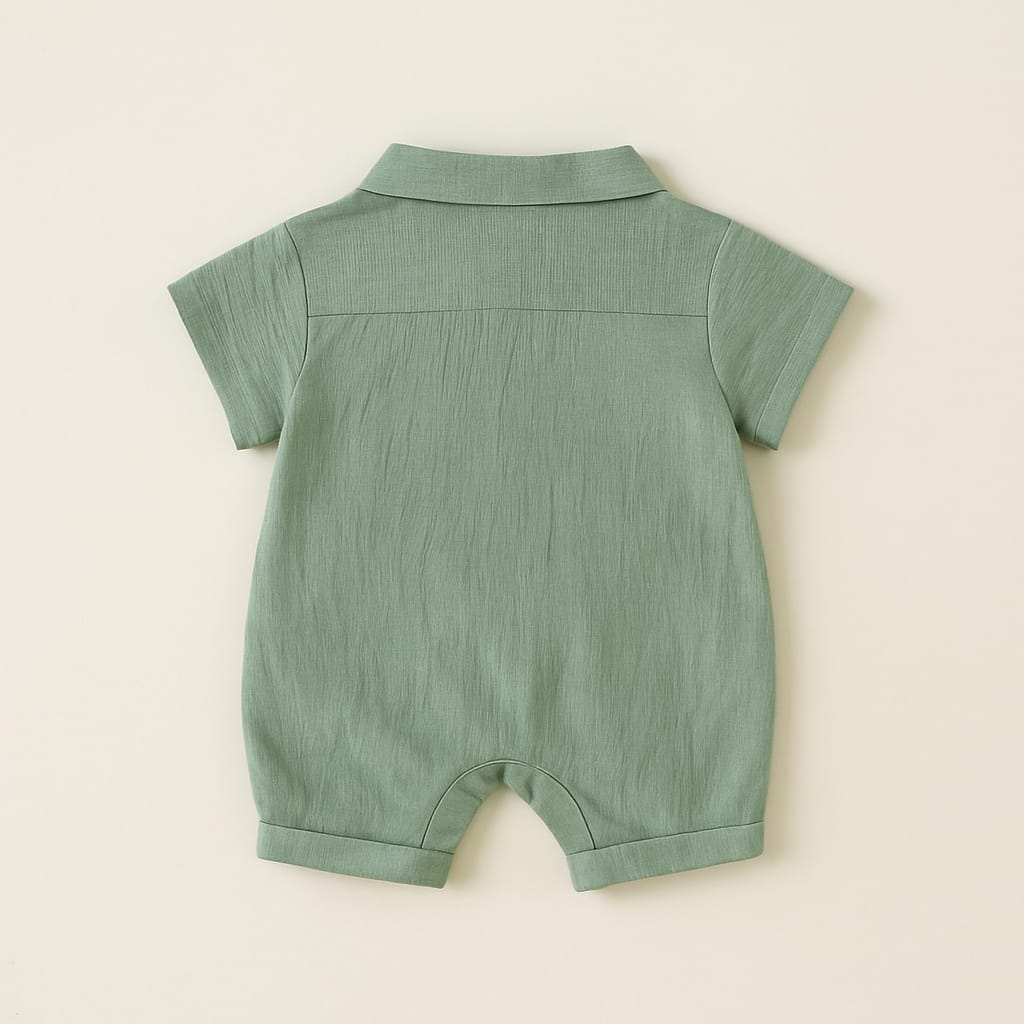 100% Cotton Baby Romper – Green Collared Short Sleeve Jumpsuit with Buttons