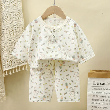 Baby Waffle Knit Two-Piece Outfit – Polyester Cotton Printed Top &amp; Pants Set