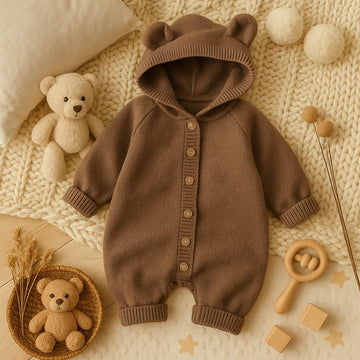Baby Knitted Hooded Romper with Bear Ears – Button Front One-Piece Outfit