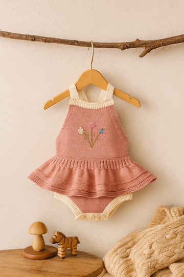 Knitted Baby Girl Romper Dress with Embroidered Flowers – 100% Cotton