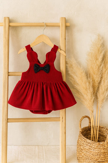 Red Woolen Baby Girl Dress Romper with Black Bow – Warm Winter Outfit