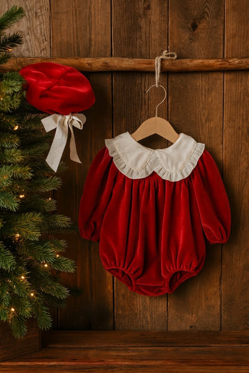 Baby Christmas Red Velvet Romper with White Collar – Gold Velvet Woolen Fabric