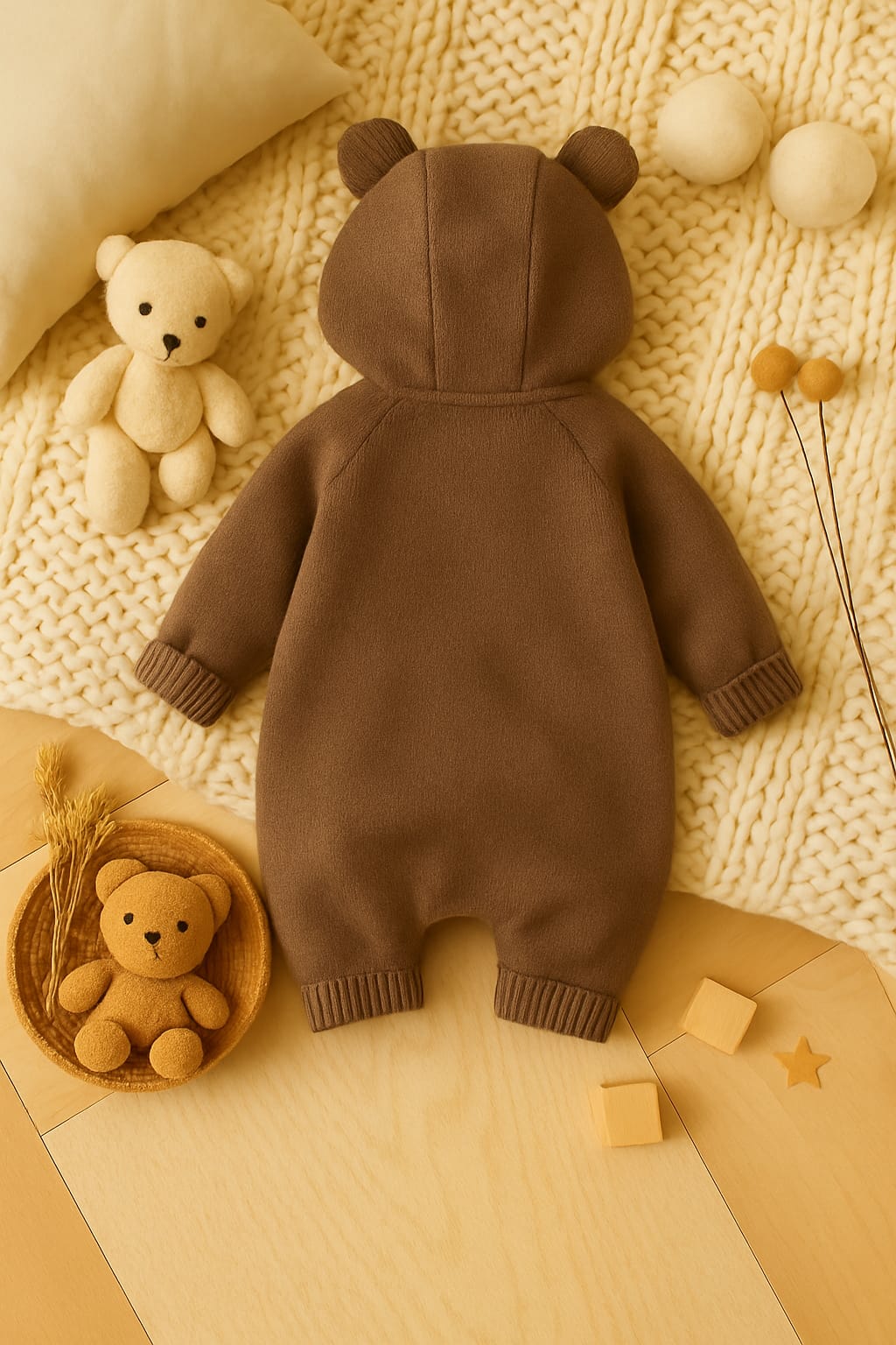 Baby Knitted Hooded Romper with Bear Ears – Button Front One-Piece Outfit