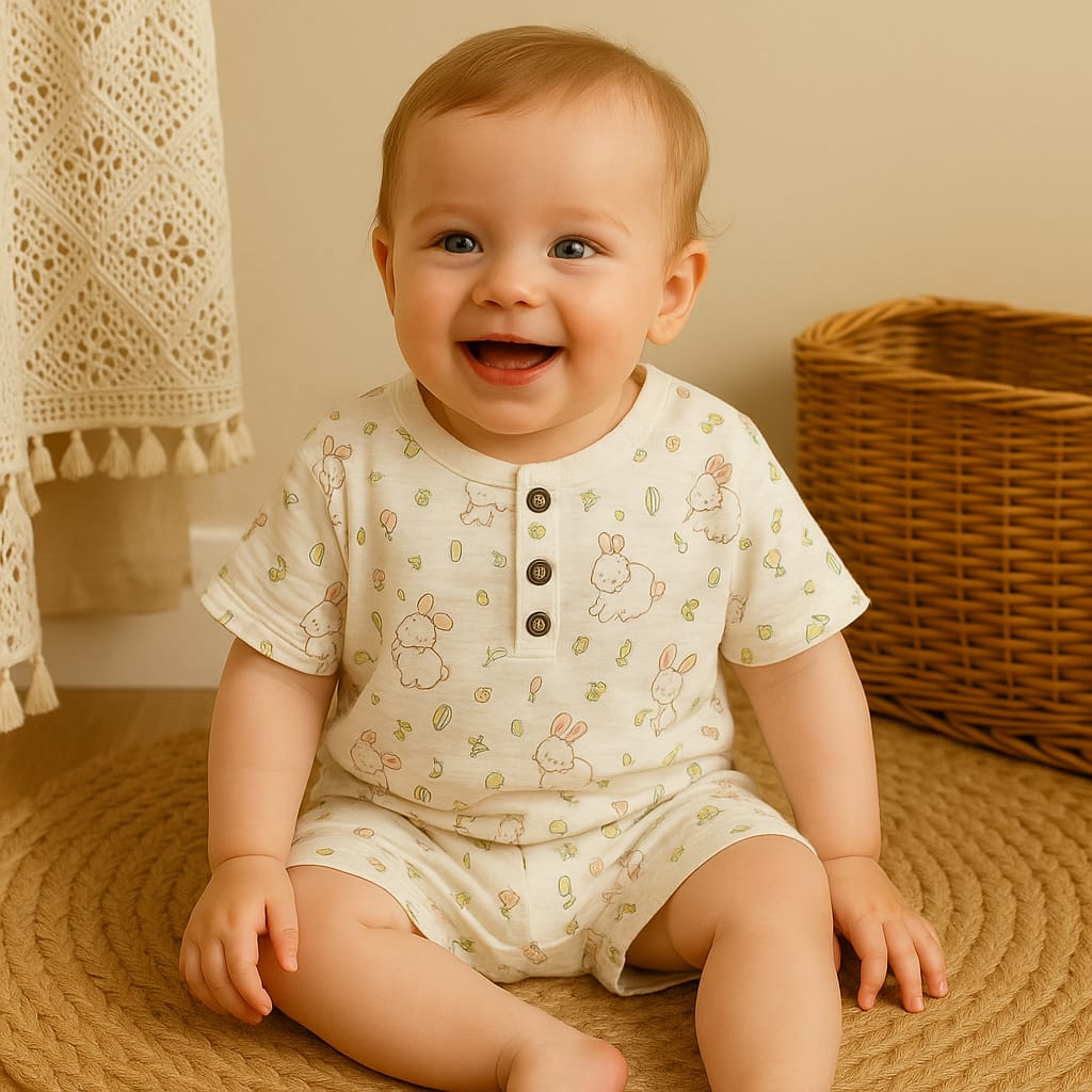 Baby Waffle Knit Two-Piece Outfit – Polyester Cotton Printed Top &amp; Pants Set