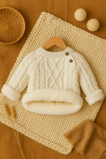 Cable Knit Fleece-Lined Sweater with Button Detail – Cozy & Stylish
