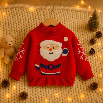 Santa Claus Knit Sweater – Festive Red Pullover with Snowflake Design