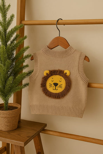 Knitted Lion Face Sleeveless Sweater Vest – 100% Cotton