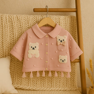 Baby Girl Pink Cardigan with Teddy Bear Appliqué and Tassel Hem