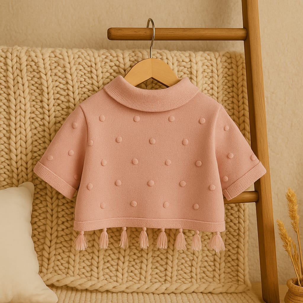 Baby Girl Pink Cardigan with Teddy Bear Appliqué and Tassel Hem