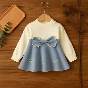 Baby Girl Long Sleeve Dress with Bow and Embroidery – Winter Wear