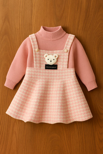 Pink Knitted One-Piece Dress with Teddy Bear Applique