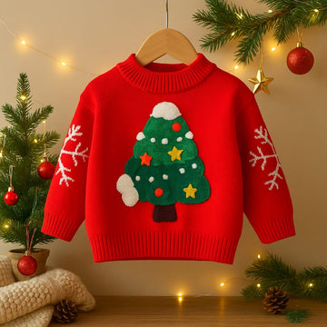 Red Christmas Sweater with Christmas Tree Applique & Snowflake Sleeves