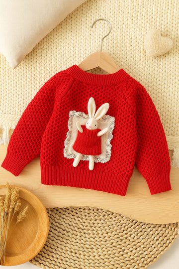 Red Knitted Sweater with 3D Bunny Applique & Lace Detailing