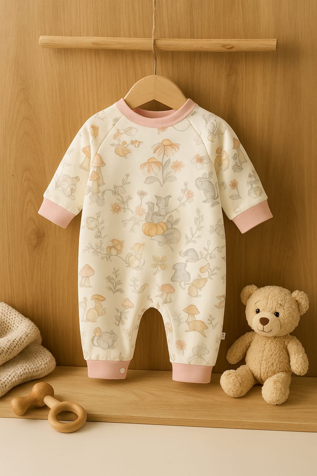 Organic Cotton Knitted Romper with Nature Print & Snap Closure