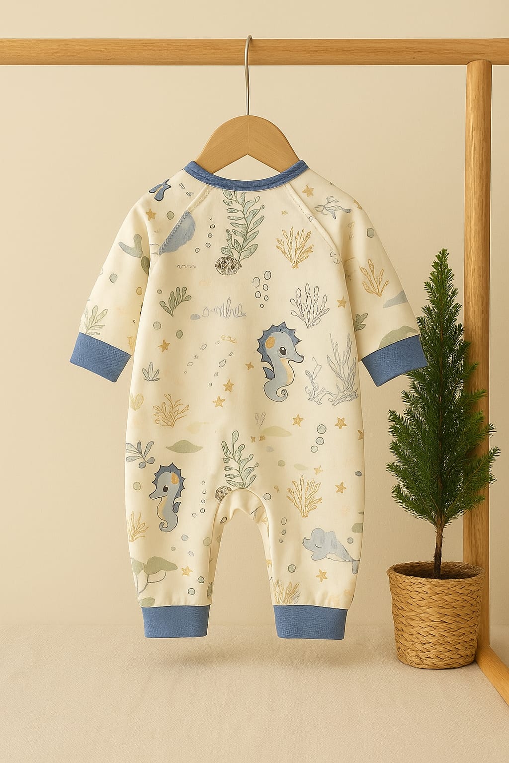 Organic Cotton Knitted Romper with Underwater Print & Snap Closure