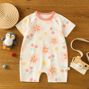 Adorable Baby Romper with Cherry & Floral Print – 100% Cotton, Soft Knitted Fabric | Short Sleeve Onesie