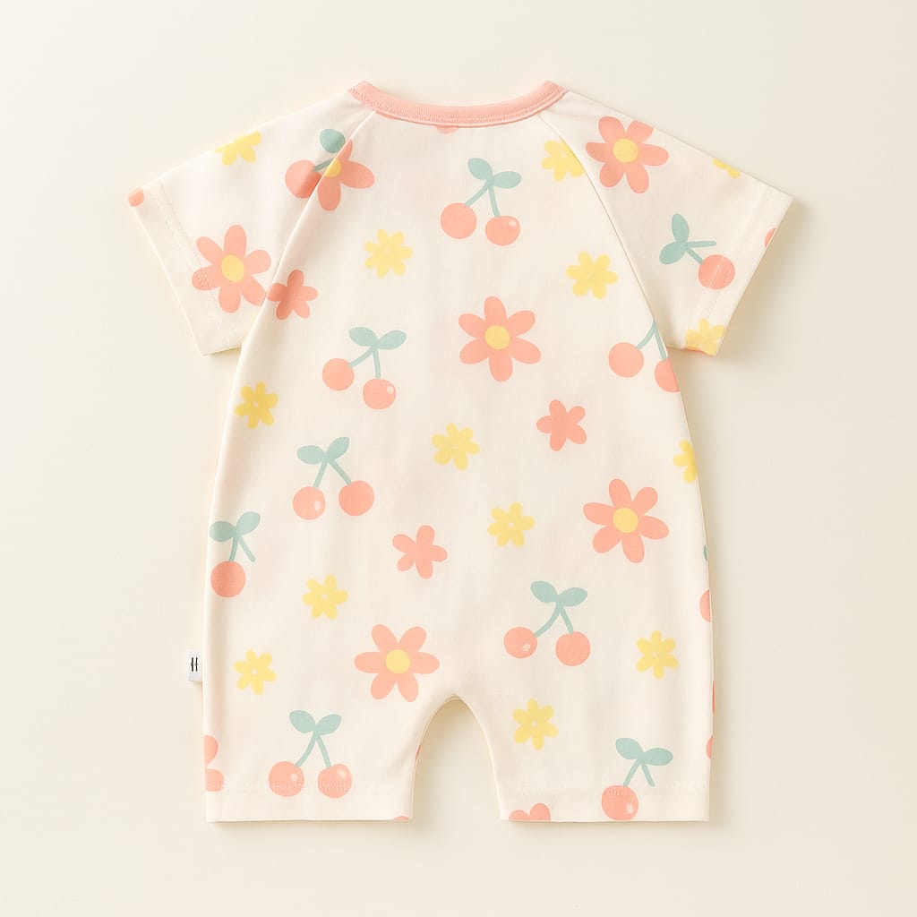Adorable Baby Romper with Cherry & Floral Print – 100% Cotton, Soft Knitted Fabric | Short Sleeve Onesie