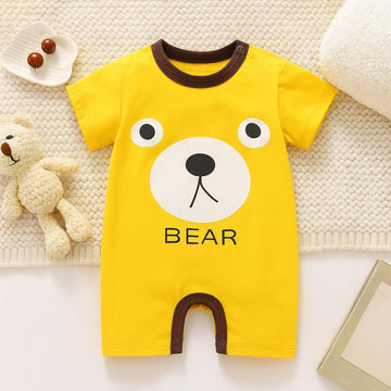 Cute Yellow Bear Baby Romper – 100% Cotton, Soft Knitted Fabric | Short Sleeve Onesie
