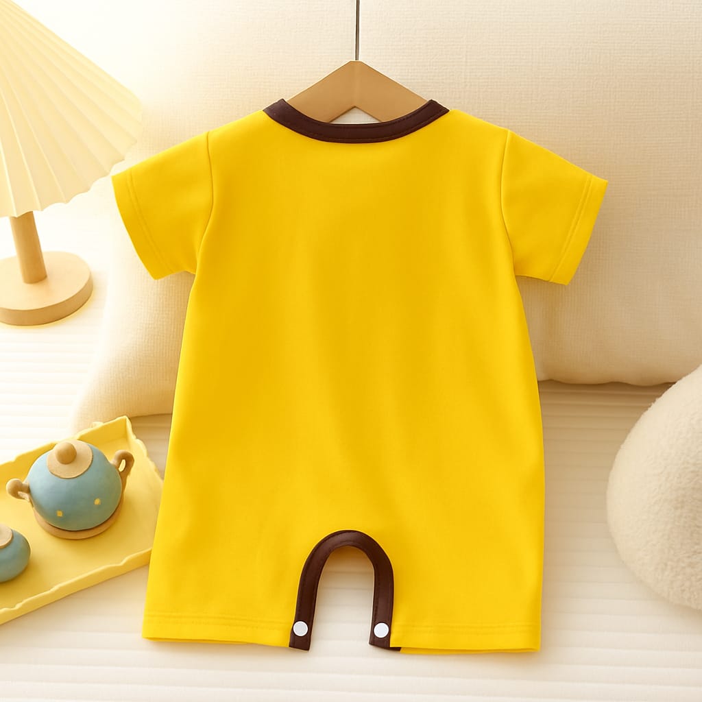 Cute Yellow Bear Baby Romper – 100% Cotton, Soft Knitted Fabric | Short Sleeve Onesie