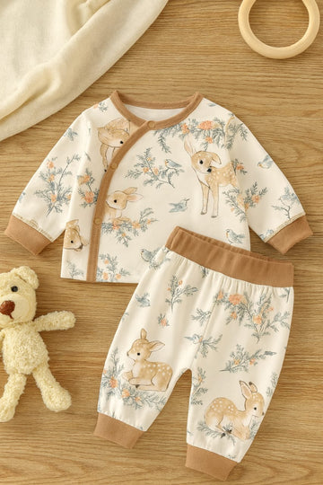 100% Cotton Knitted Baby Winter Night Suit with Deer & Floral Print