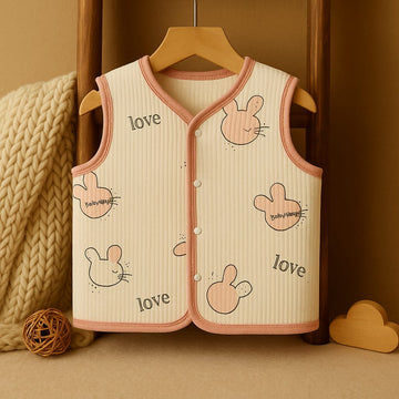 Baby Woolen Cotton Vest with Cute Bear Print & Front Snap Buttons