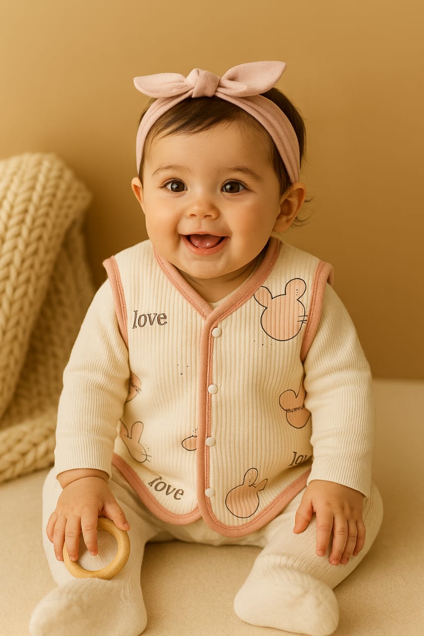 Baby Woolen Cotton Vest with Cute Bear Print & Front Snap Buttons
