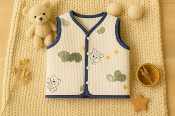 Baby Woolen Cotton Vest with Cute Bear Print & Easy Snap Buttons