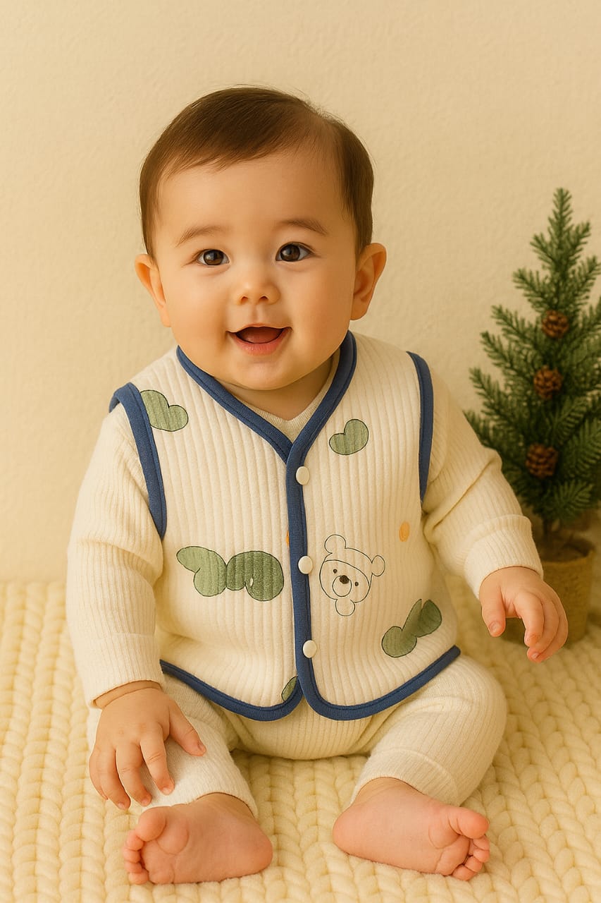 Baby Woolen Cotton Vest with Cute Bear Print & Easy Snap Buttons