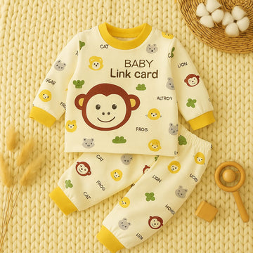 Baby Night Suit Set | 100% Cotton Knitted | Cute Monkey Print Pajamas