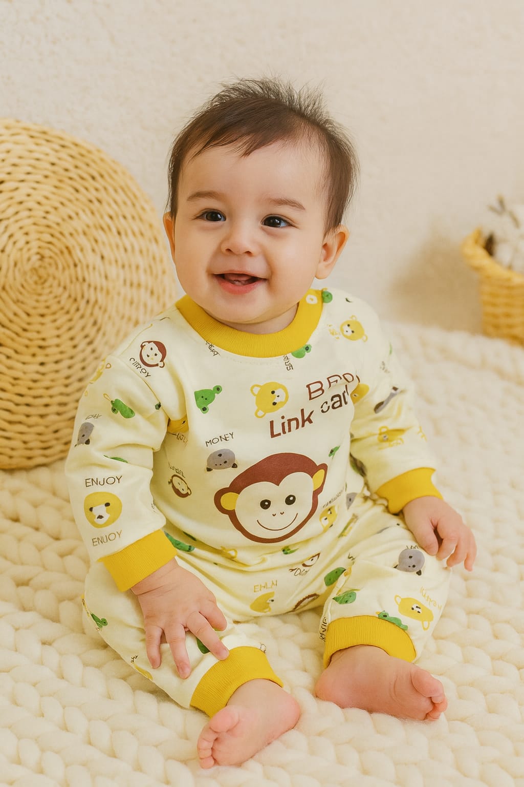 Baby Night Suit Set | 100% Cotton Knitted | Cute Monkey Print Pajamas