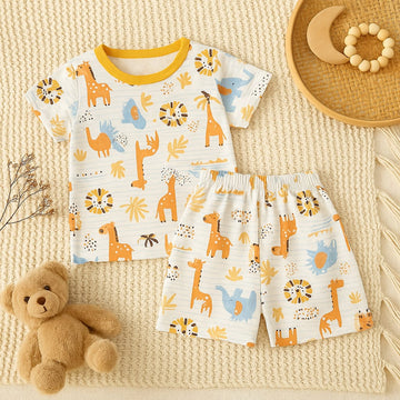 Baby Cotton Night Suit Set | Jungle Safari Print T-Shirt & Shorts Pajamas