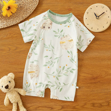 Baby Cotton Romper | 100% Knitted Cotton Summer Onesie with Bear & Leaf Print