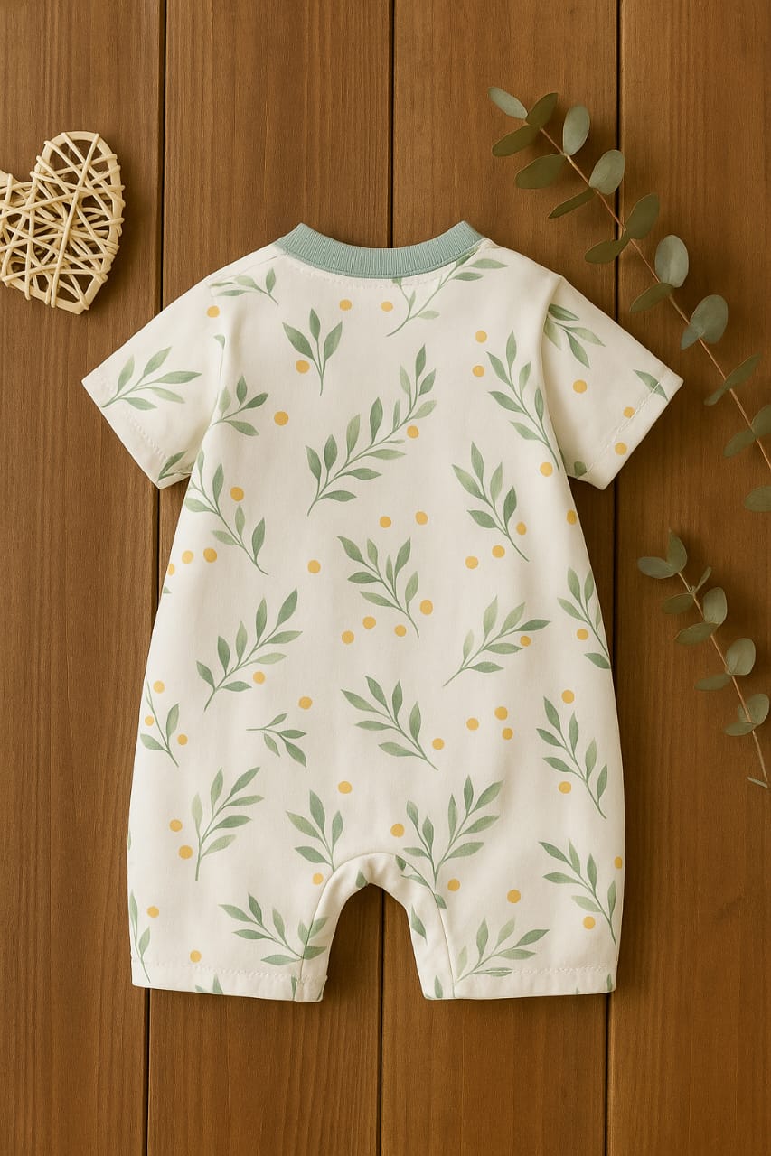 Baby Cotton Romper | 100% Knitted Cotton Summer Onesie with Bear & Leaf Print