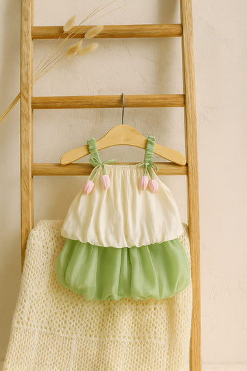 Floral Inspired Baby Romper Dress with Tulip Shoulder Straps & Layered Skirt