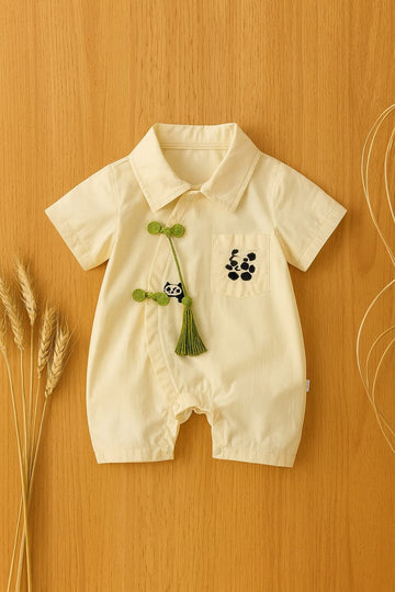 Baby Romper with Panda Embroidery & Chinese Knot Tassel – Soft Cotton Tencel Blend