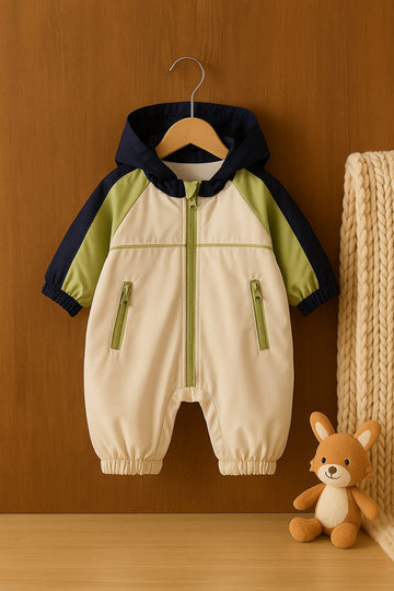 Hooded Baby Romper with Zip Closure – Colorblock Design & Cozy Lining